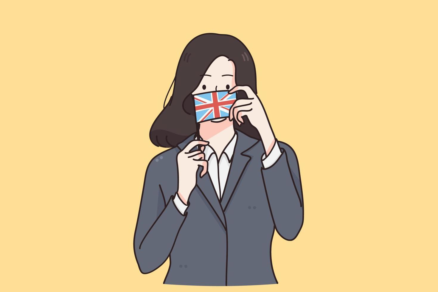 bandeira inglesa e conceito de cultura. jovem empresária em personagem de desenho animado de jaqueta em pé segurando a bandeira nacional inglesa na ilustração vetorial de fundo amarelo vetor