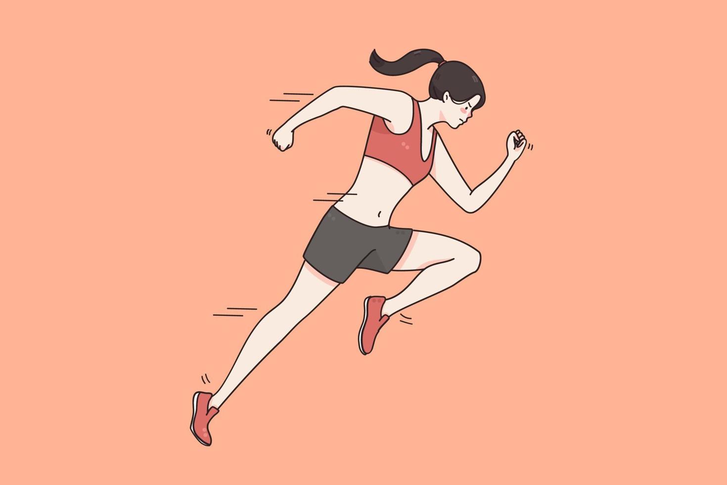 estilo de vida ativo e conceito de corrida. esportista de personagem de desenho animado alegre fitness mulher ativa em roupas esportivas correndo tentando ser a primeira ilustração vetorial vetor