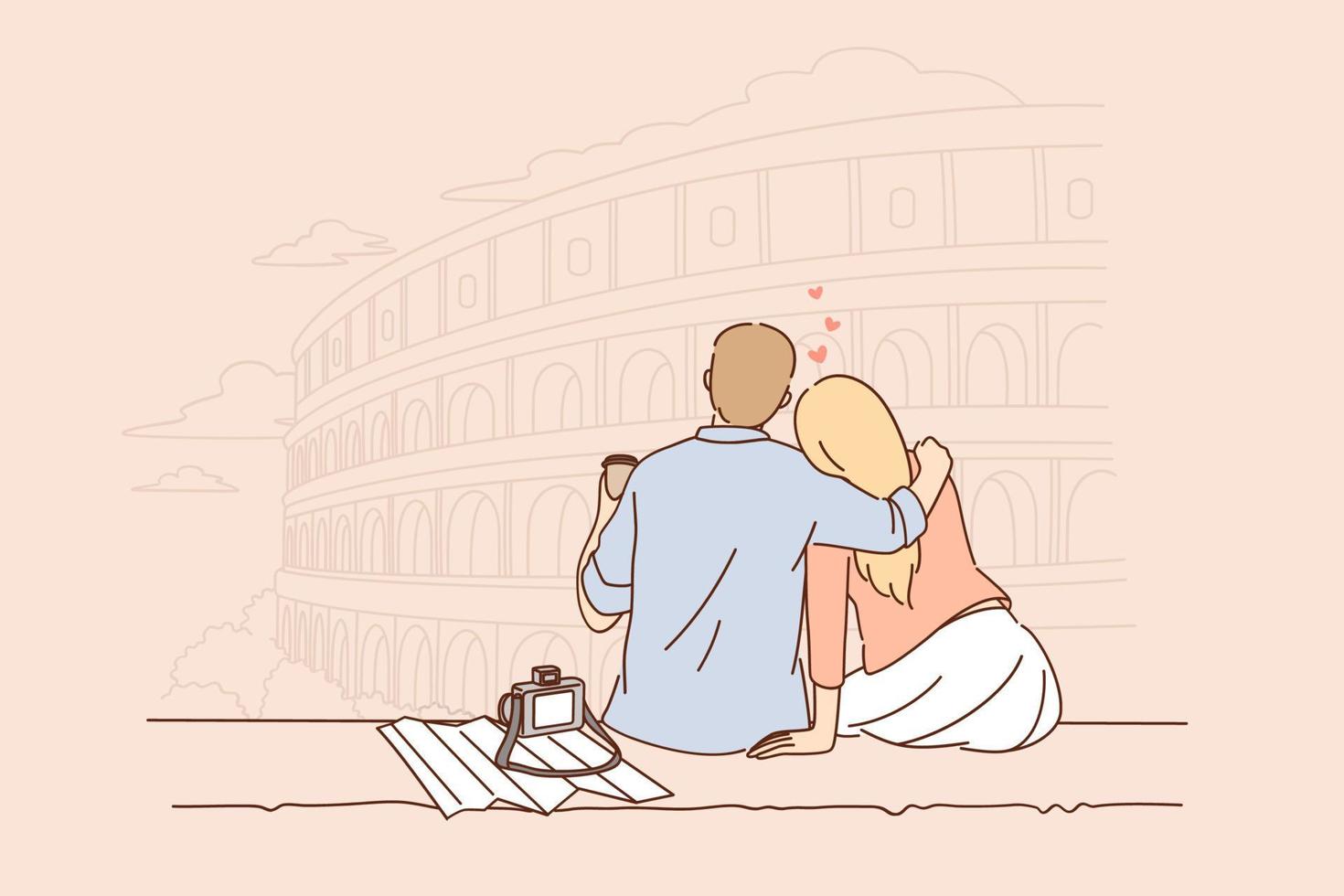 viagens e férias no conceito de roma. jovem casal sentado para trás tendo uma viagem de férias românticas para a itália roma bebendo café abraçando ilustração vetorial vetor