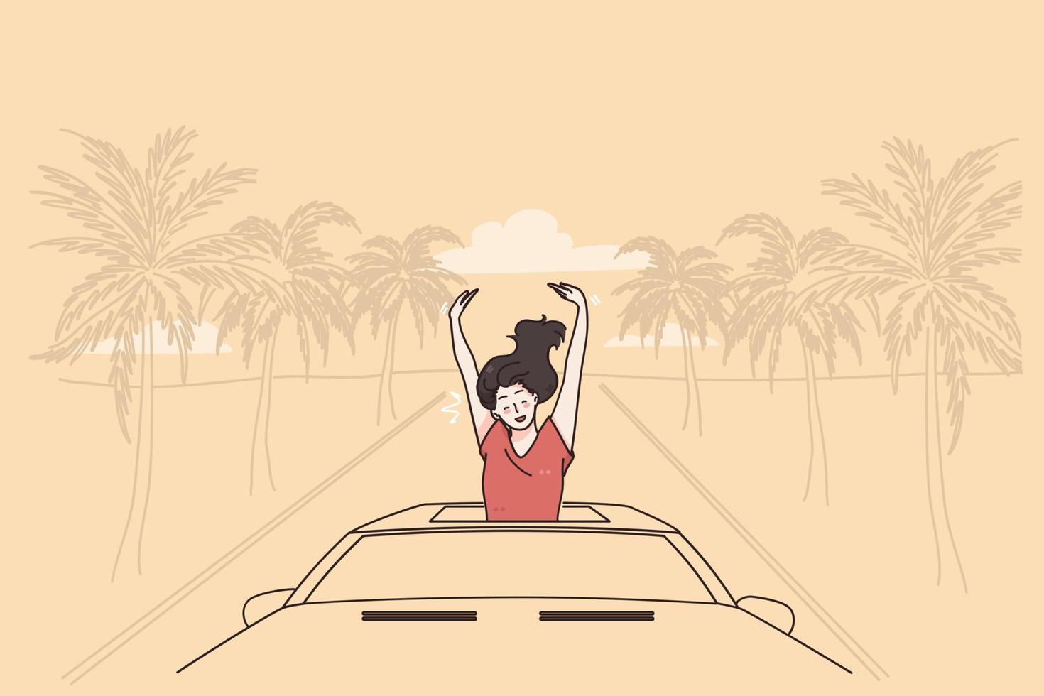 férias e aproveitando o conceito de viagem. personagem de desenho animado jovem mulher relaxada sentado no carro e curtindo o passeio pela praia à beira-mar na ilustração vetorial de ilha paradisíaca vetor