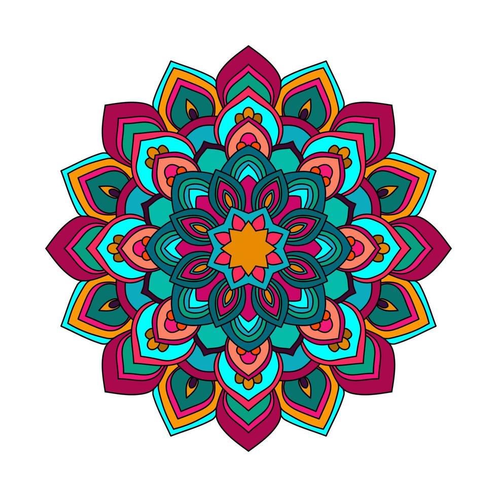 modelo de ilustração vetorial mandala de cor, mandala de doodle desenhado à mão isolado, mandala étnica com ornamento tribal colorido. vetor