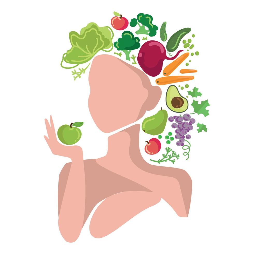 conceito de estilo de vida vegano e natural de alimentação verde rosto de mulher abstrato com legumes e frutas na ilustração vetorial de cabeça, emblema, modelo de logotipo de pôster alternativa saudável de nutrição vegetariana vetor