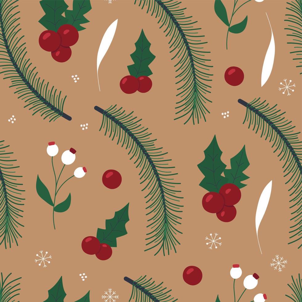 padrão sem emenda de Natal. ilustração vetorial com ramos de abeto, azevinho, flocos de neve. design de superfície de natal para têxtil, tecido, embrulho, papel, embalagem vetor