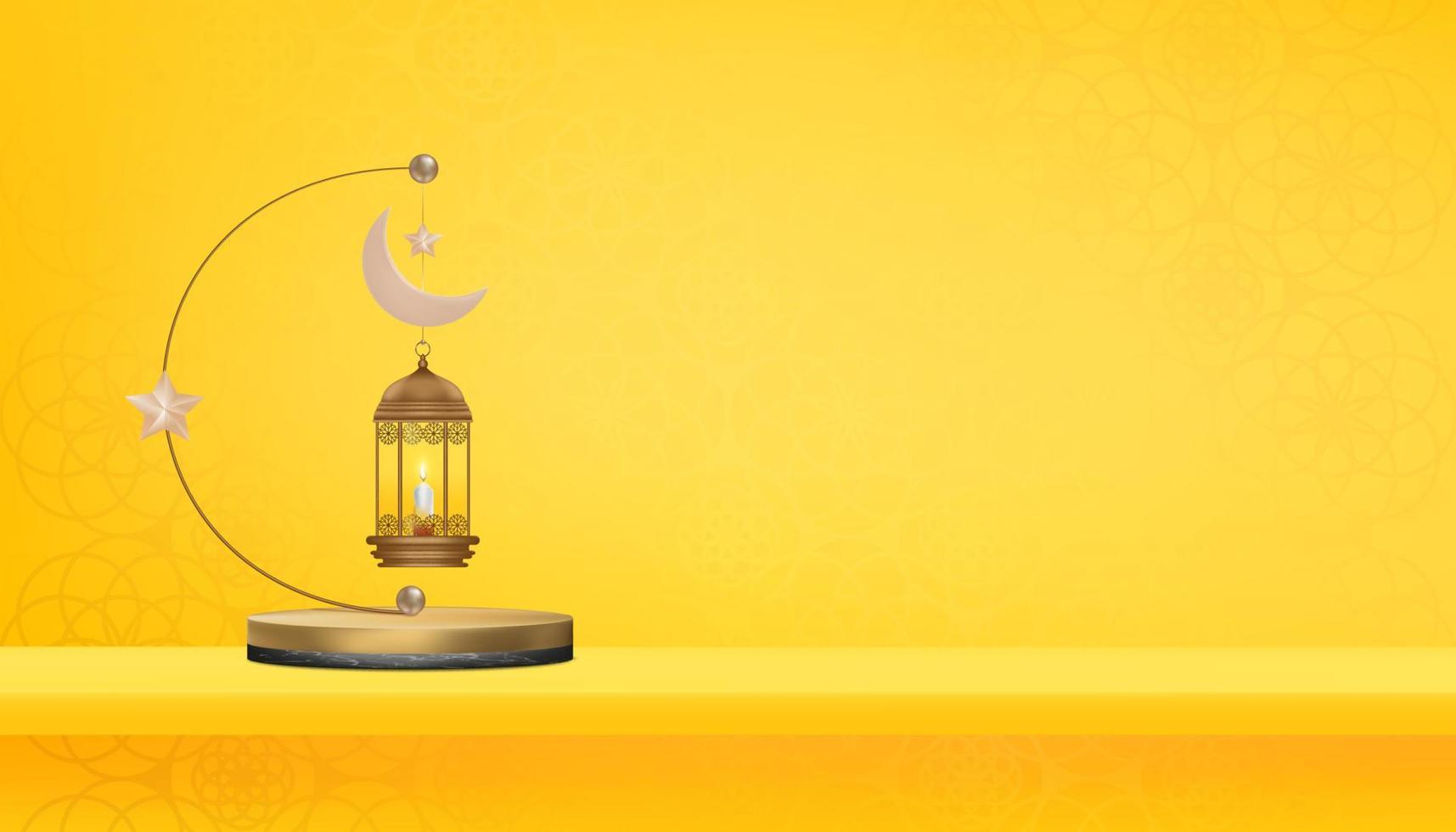 pódio 3d islâmico com lanterna islâmica tradicional, lua crescente e estrela em fundo amarelo, religião de bandeira vetorial do simbólico muçulmano, eid ul fitr, ramadan kareem, eid al adha, eid mubarak, eid el kabir vetor