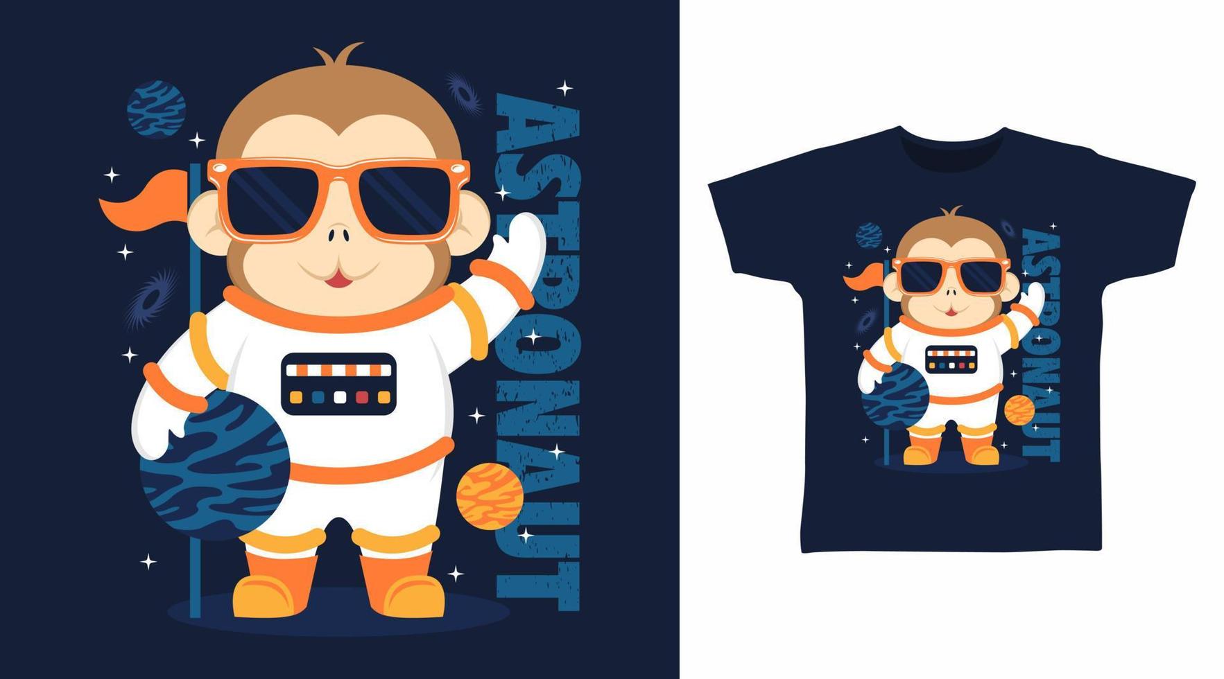 design de artes de camiseta de desenho animado de astronauta de macaco vetor