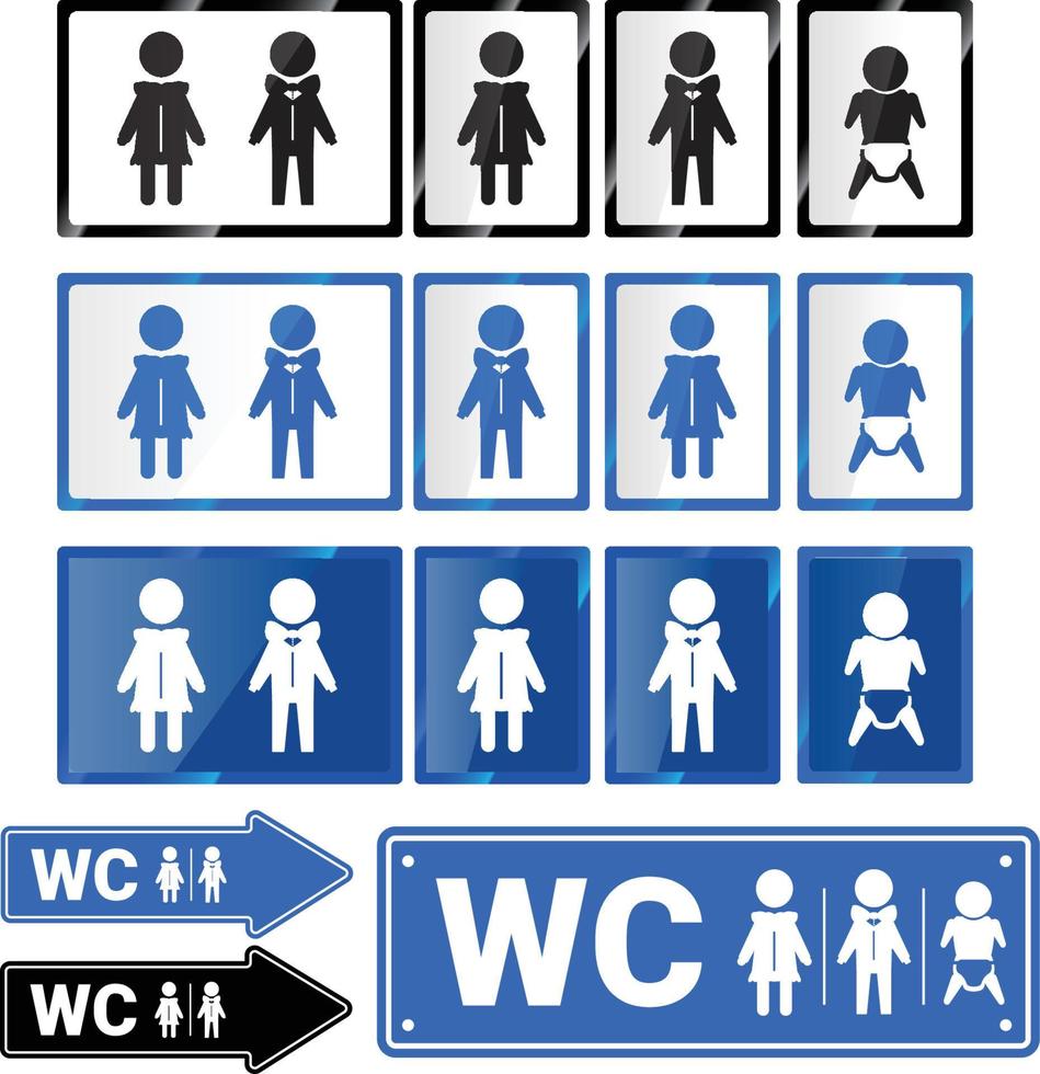 wc wc masculino feminino quarto de bebê. ícones de banheiro público com cores brancas pretas azuis. vetor