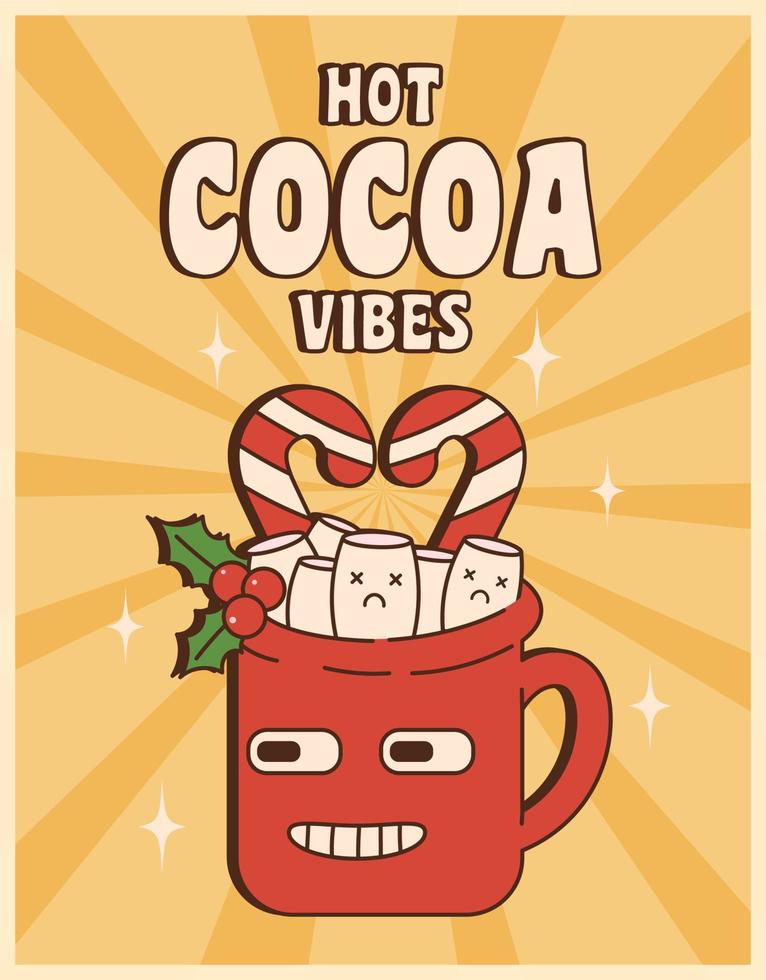 natal hippie groovy. xícara de cacau com marshmallows e cana de caramelo no estilo cartoon retrô na moda. cartão de boas-vindas de vibrações de cacau quente, pôster, impressão, convite para festa, plano de fundo. vetor