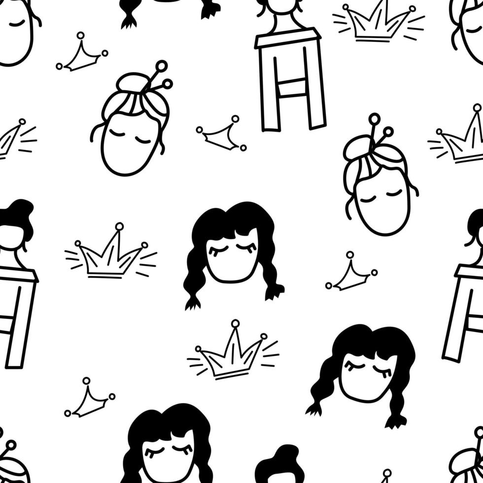 doodle preto sem costura padrão feminino com meninas e coroa. fundo desenhado à mão com personagens de garotas com sono. vetor