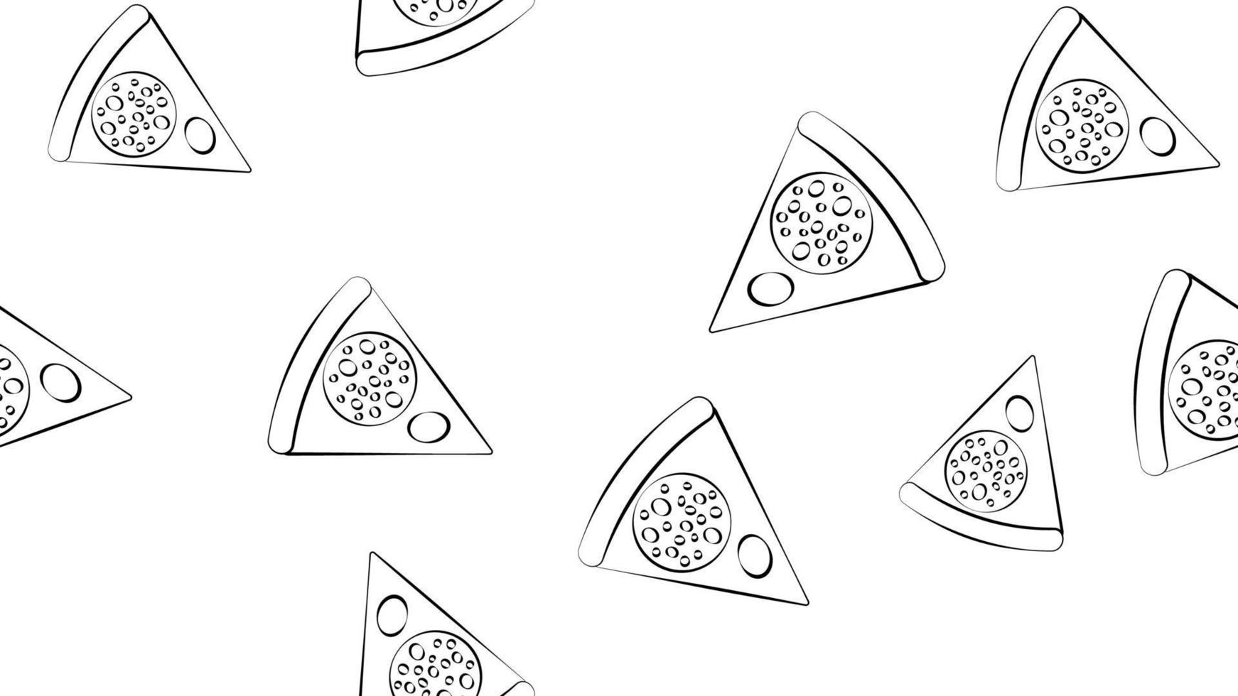 fatia de pizza em um fundo branco, ilustração vetorial, padrão preto e branco. pizza com vários recheios. padrão sem emenda, plano de fundo, padrão sem fim. decoração e papel de parede vetor