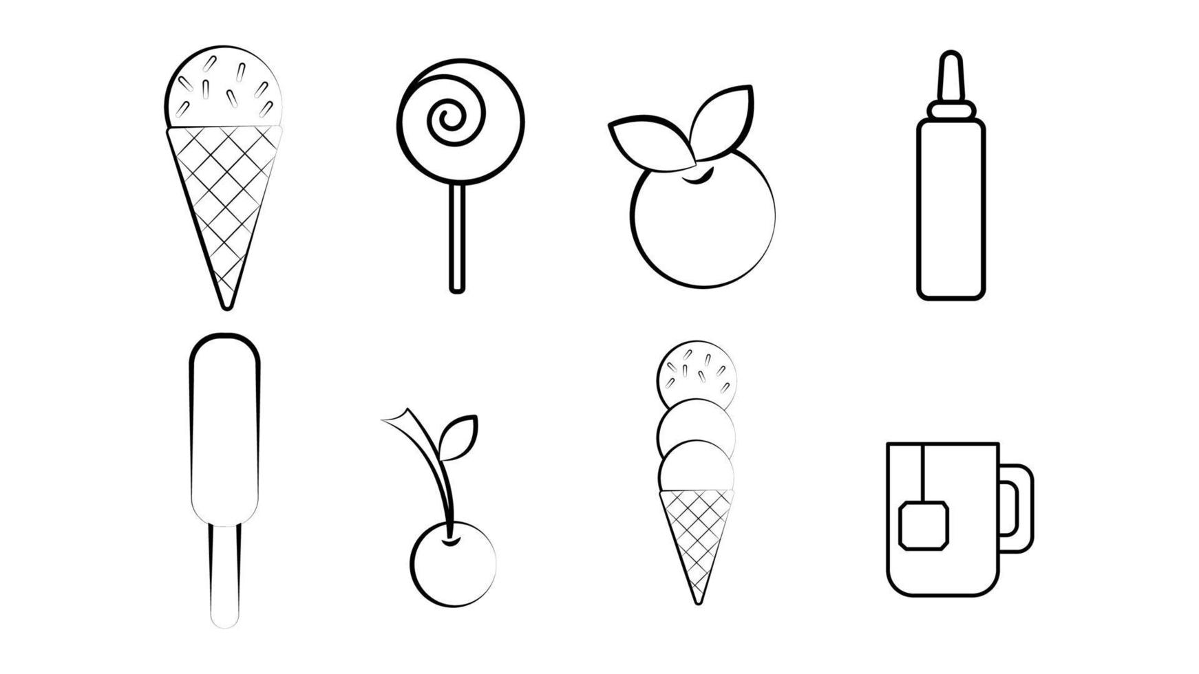 conjunto preto e branco de oito ícones de deliciosos itens de comida e lanches para um restaurante café bar em um fundo branco sorvete, doces, bagas, ketchup, cereja, chá vetor