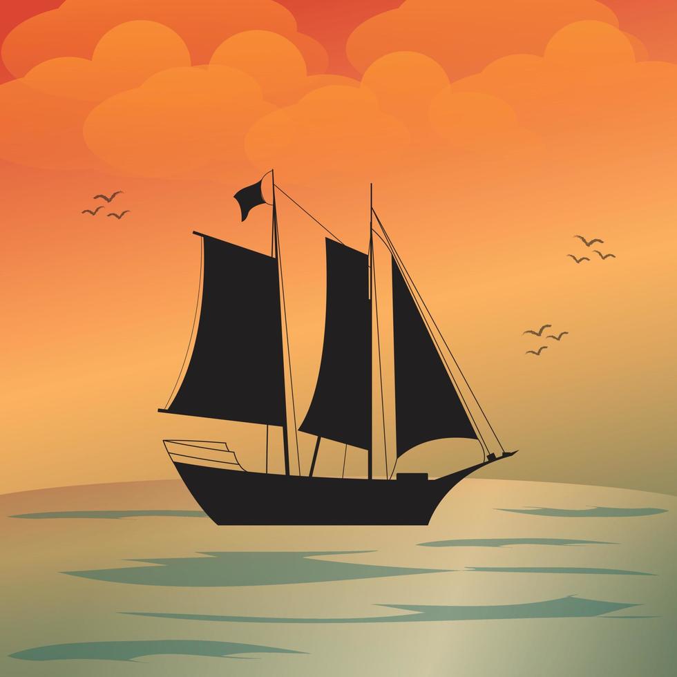 ilustração de barco à vela. pôr do sol ou nascer do sol no mar. barco no oceano. ilustração vetorial vetor