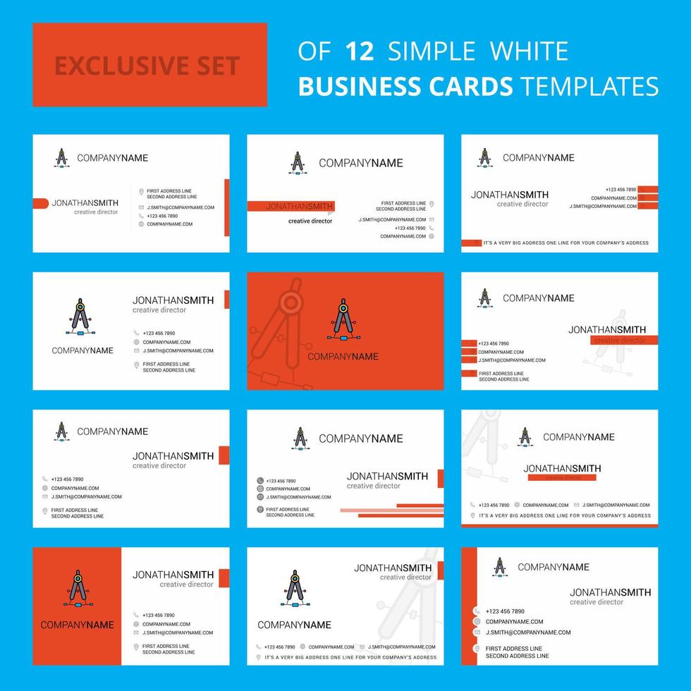 conjunto de 12 modelos de cartão de negócios criativos de bússola logotipo criativo editável e fundo de cartão de visita vetor