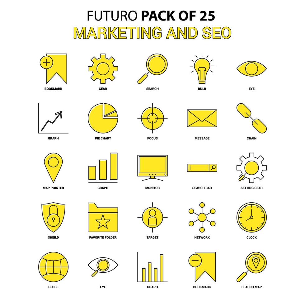 conjunto de ícones de marketing e seo amarelo futuro pacote de ícones de design mais recente vetor