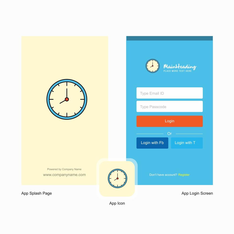 tela inicial do relógio da empresa e design de página de login com modelo de logotipo modelo de negócios on-line móvel vetor