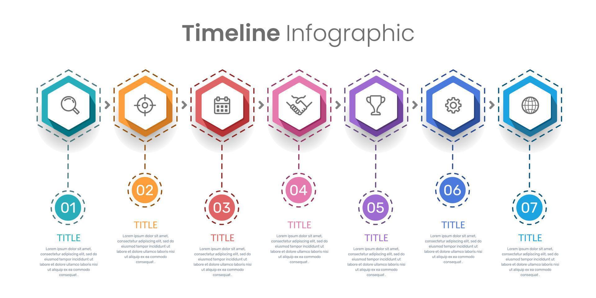 cronograma de negócios 7 passos hexágono colorido infográfico. marco de apresentação da empresa. ilustração vetorial. vetor