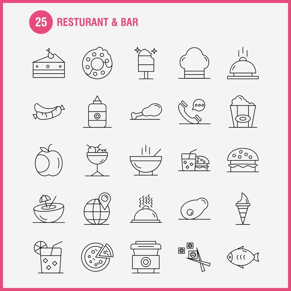 ícone de linha de restaurante e bar para impressão na web e kit uxui móvel, como telefone, bate-papo por telefone, hotel, mapa mundial, localização, vetor de pacote de pictograma do hotel