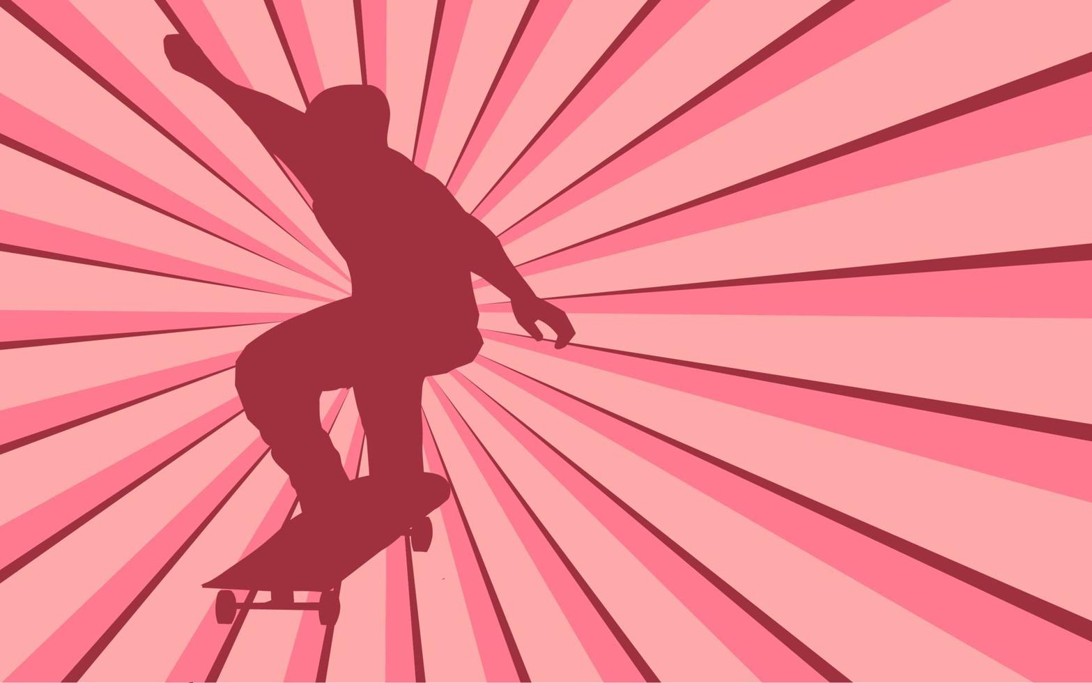 homem na ilustração vetorial de silhueta de skate com fundo sunburst vetor
