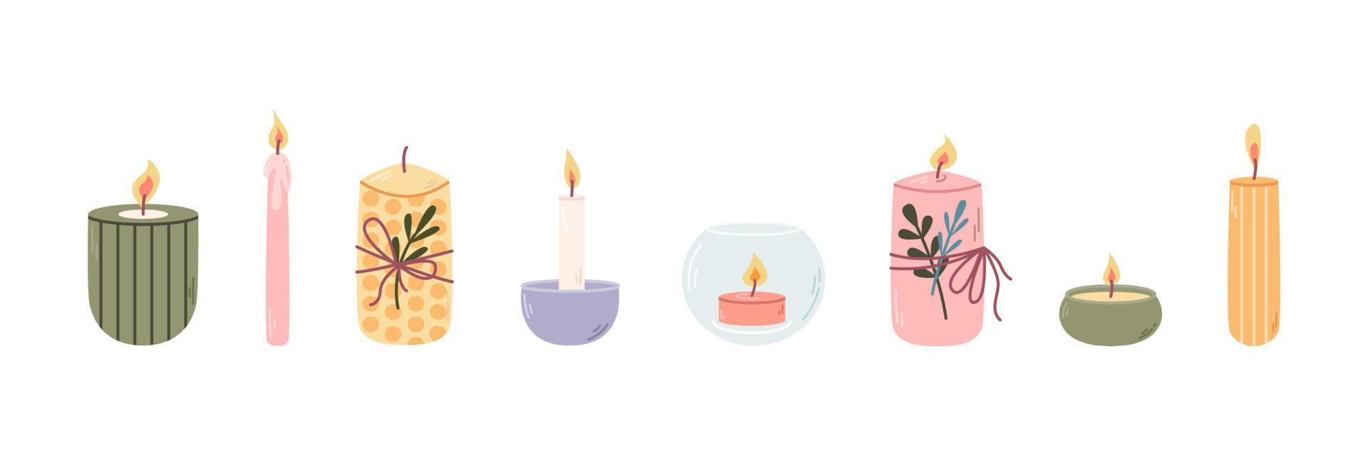 conjunto de diferentes velas perfumadas decorativas em castiçais para relaxamento e spa. ilustração vetorial plana vetor