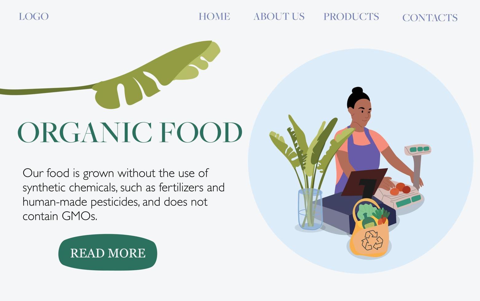 modelo de página de destino da loja de alimentos orgânicos. ecologia - pacote eco - ilustração moderna do conceito de vetor plano. vendedora de mulher na loja ecológica com alimentos orgânicos.