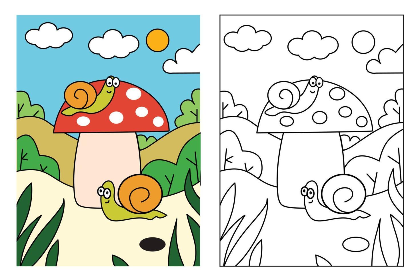 página de coloração de caracol e cogumelo grande para crianças desenhando educação. ilustração de desenho animado simples em tema de fantasia para livro de colorir vetor