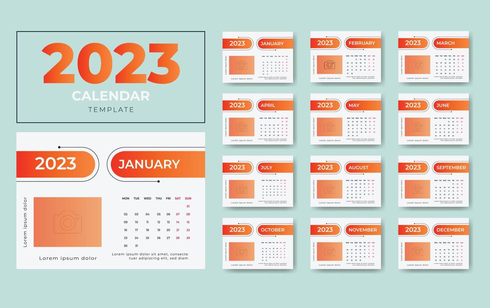 design de calendário 2023, modelo de calendário 2023, design de calendário de 12 páginas 2023, design de calendário de mesa 2023 vetor