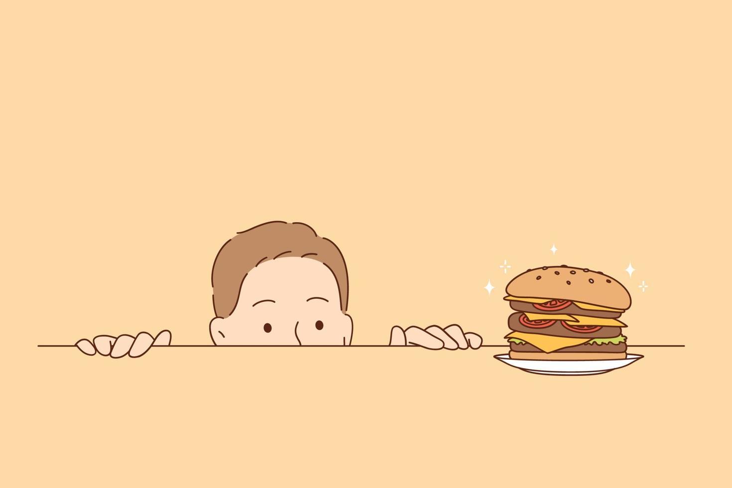 comer demais, nutrição, conceito de fome. personagem de desenho animado engraçado homem faminto olhando hambúrguer saboroso na mesa se esforçando para comer tudo ilustração vetorial vetor