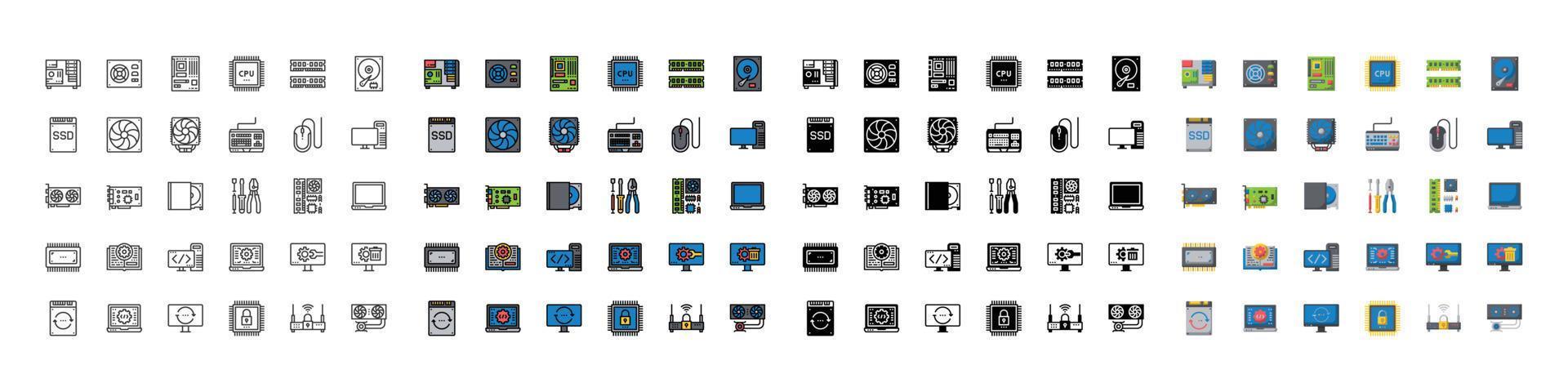 ícones de hardware de computador, conjunto simples de design para uso em infográficos de logotipo de relatório de gráficos de site, ilustração em vetor de ícone de coleção de símbolo de contorno de melhor qualidade