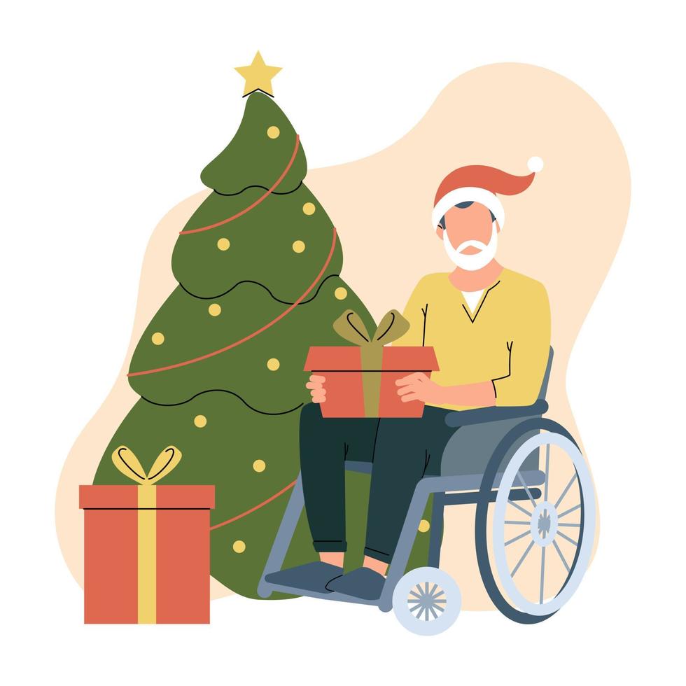 homem de cadeira de rodas vestido de papai noel segurando a caixa de presente. pessoas com deficiência celebra o natal perto da árvore de natal. oportunidades iguais. inclusividade. ilustração vetorial vetor