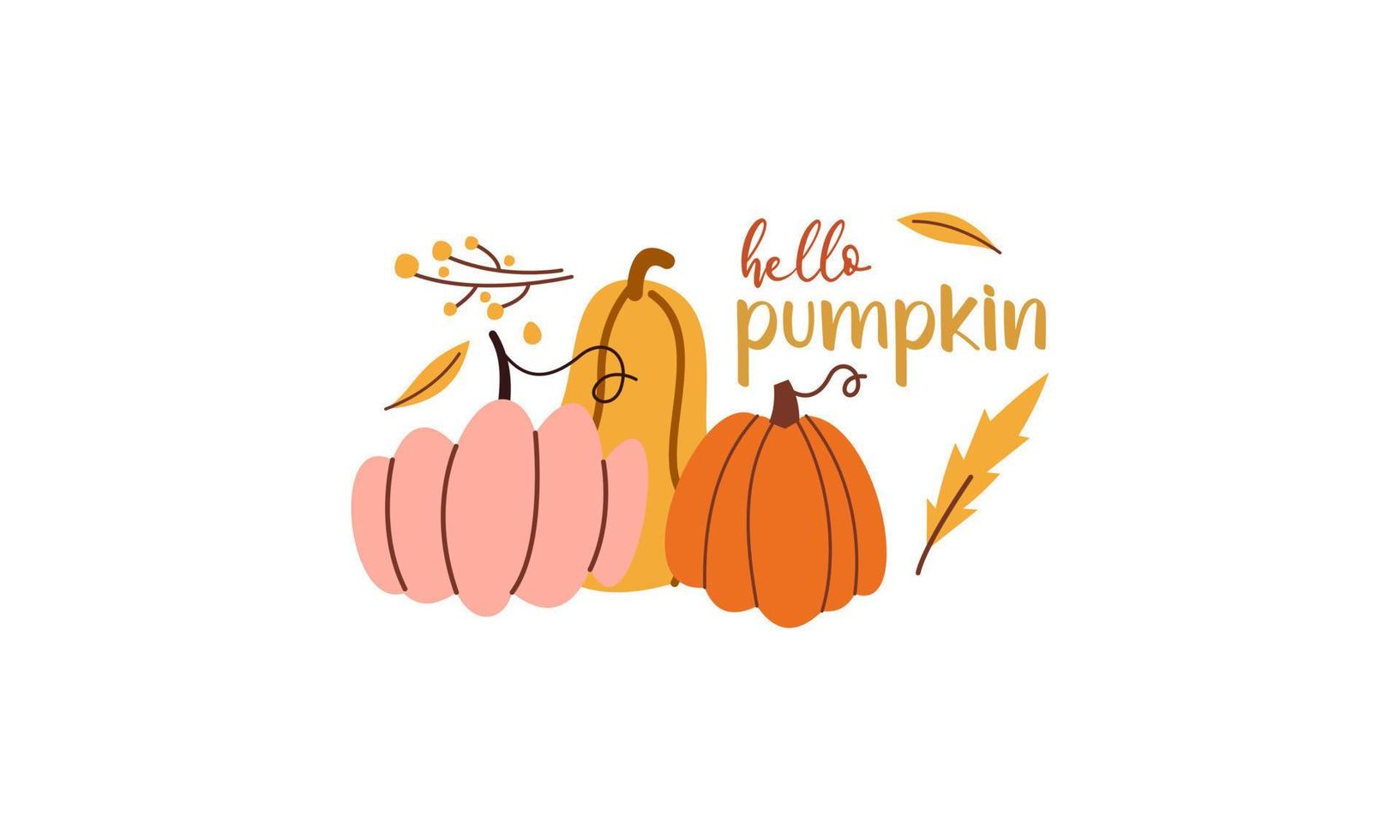 Olá temporada de abóbora. vetor de letras desenhadas à mão outono conjunto com abóboras, castanhas e folhas. hal