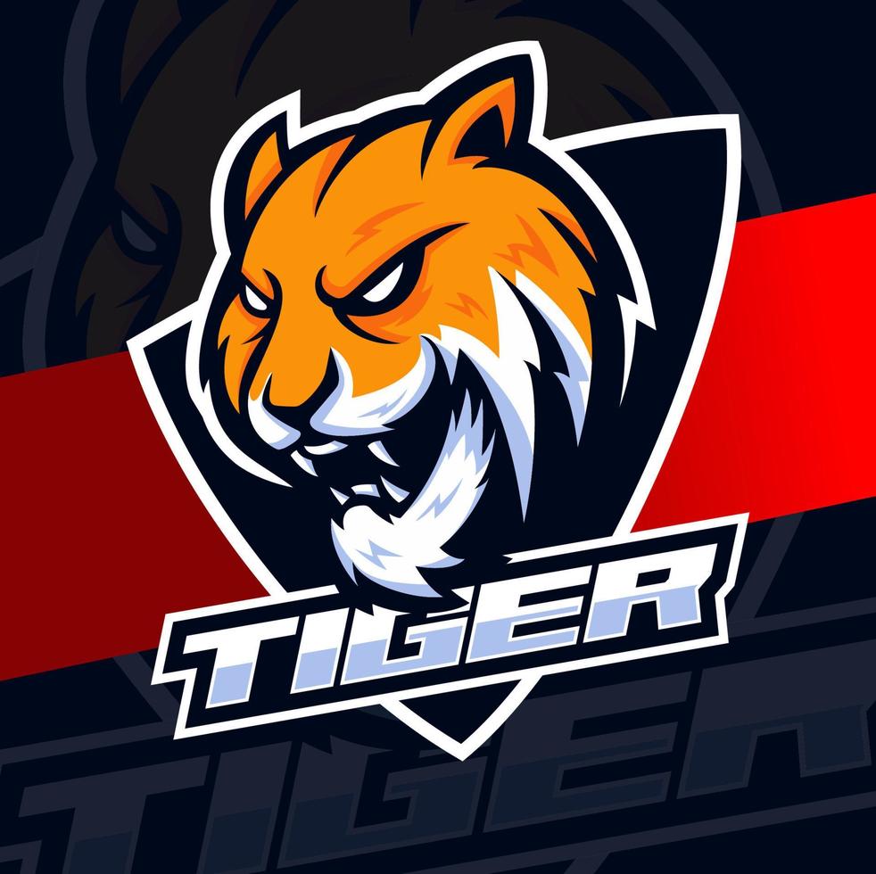 personagem de design de esport de logotipo de mascote de cabeça de tigre para ilustração, esporte de tatuagem e logotipo de jogos vetor
