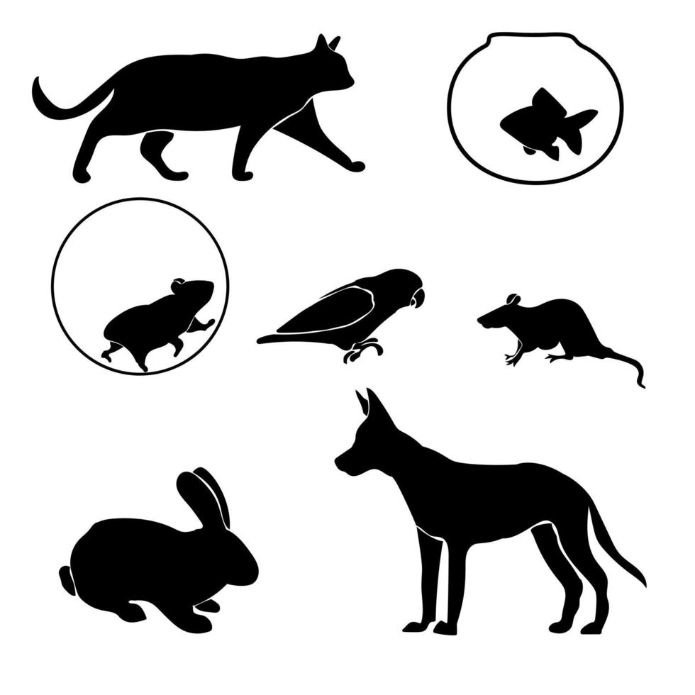 conjunto de silhuetas de animais de estimação, animais de estimação de diferentes tipos, vista de perfil vetor