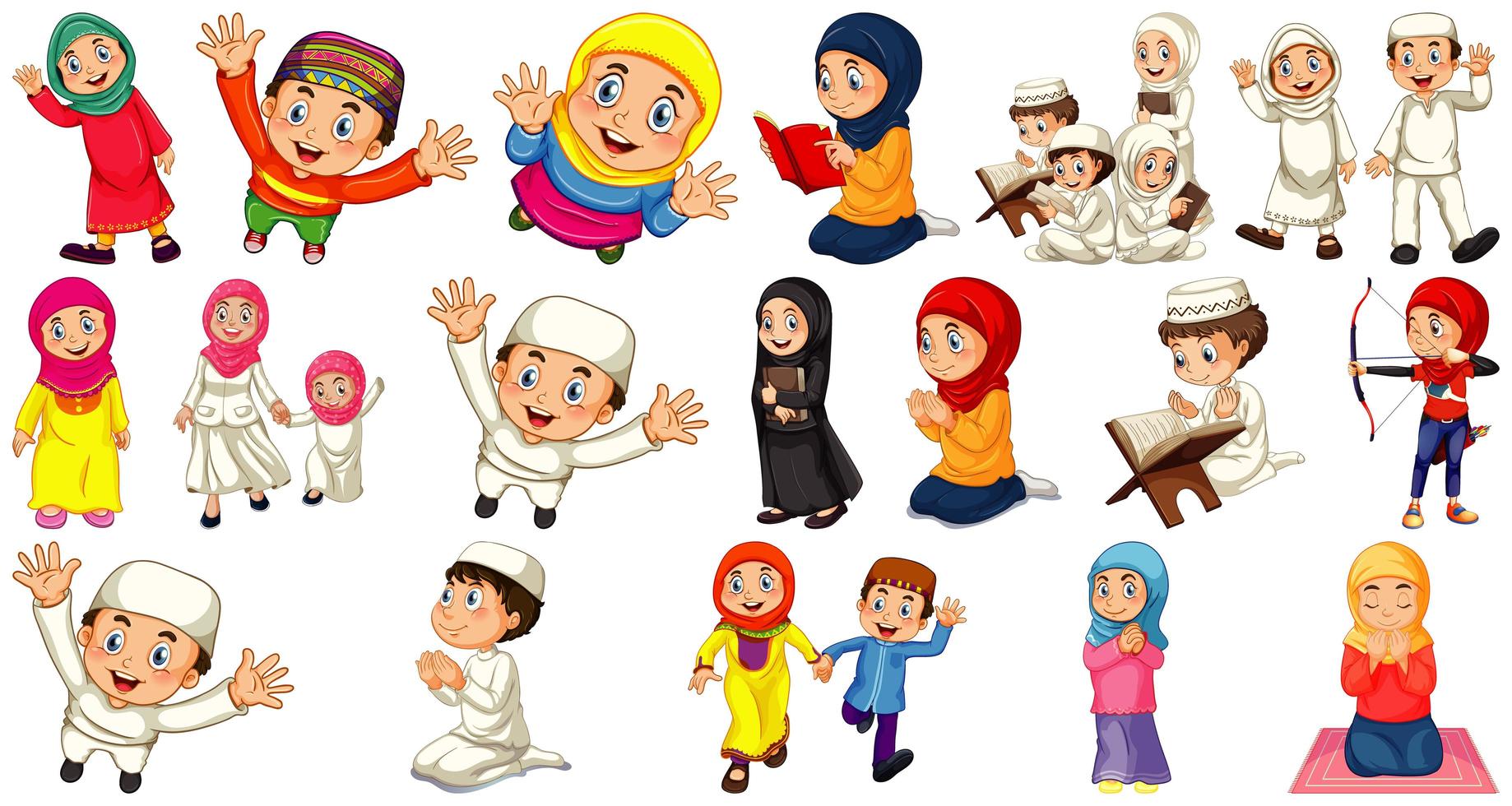 conjunto de personagens de desenhos animados de diferentes povos muçulmanos isolado vetor