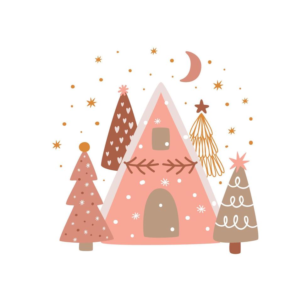 linda casa de campo rosa com árvore de natal e neve. elemento gráfico isolado de casa de inverno aconchegante. ilustração vetorial de inverno vetor