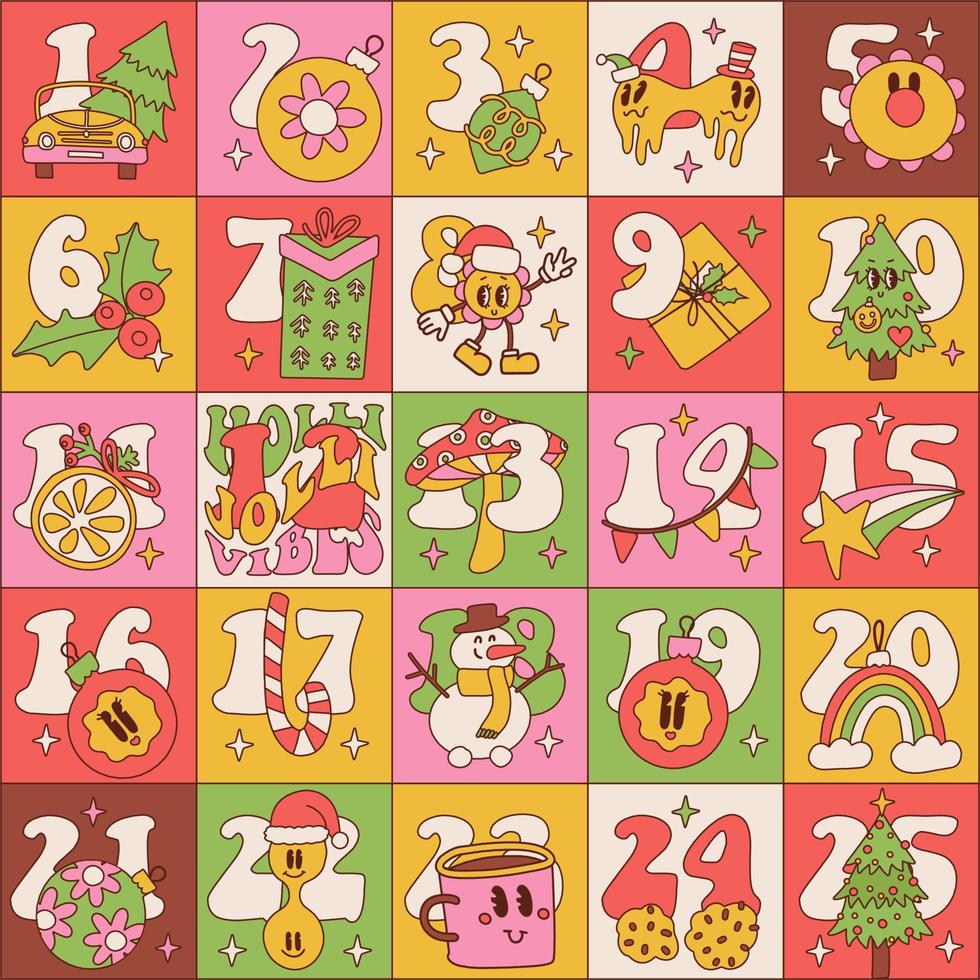 modelo quadrado de calendário do advento de natal groovy. Trippy hippy retrô temporada de férias decoração celebração do dia de Natal. ilustração vetorial desenhada à mão contorno vetor