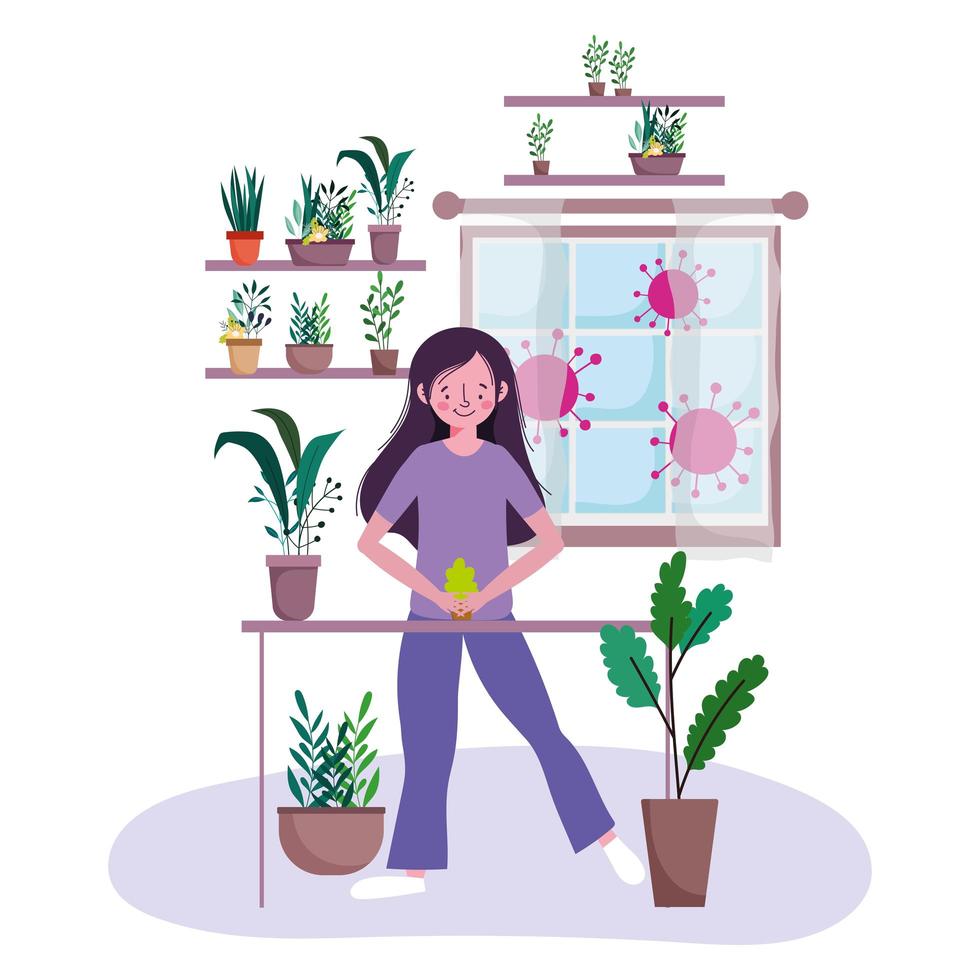 jovem mulher repotting plantas em casa vetor