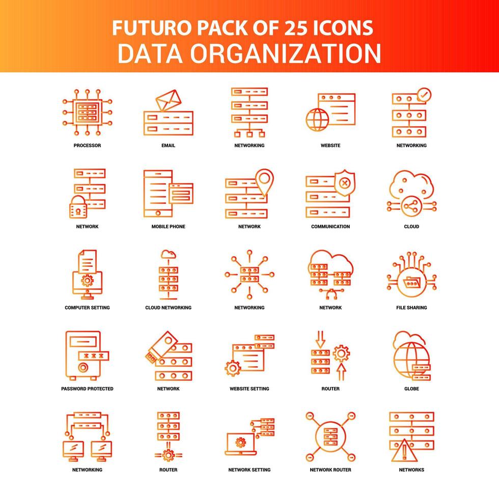 conjunto de ícones de organização de dados laranja futuro 25 vetor