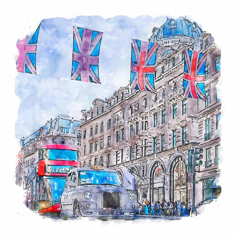 regent street london esboço aquarela ilustração desenhada à mão vetor