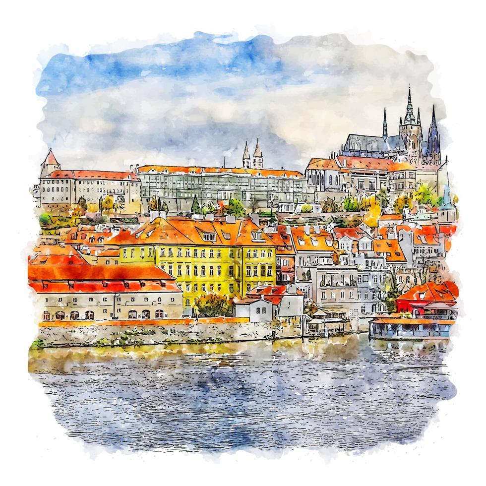 praga república tcheca esboço em aquarela ilustração desenhada à mão vetor