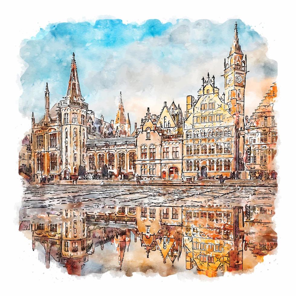 gent bélgica esboço em aquarela ilustração desenhada à mão vetor