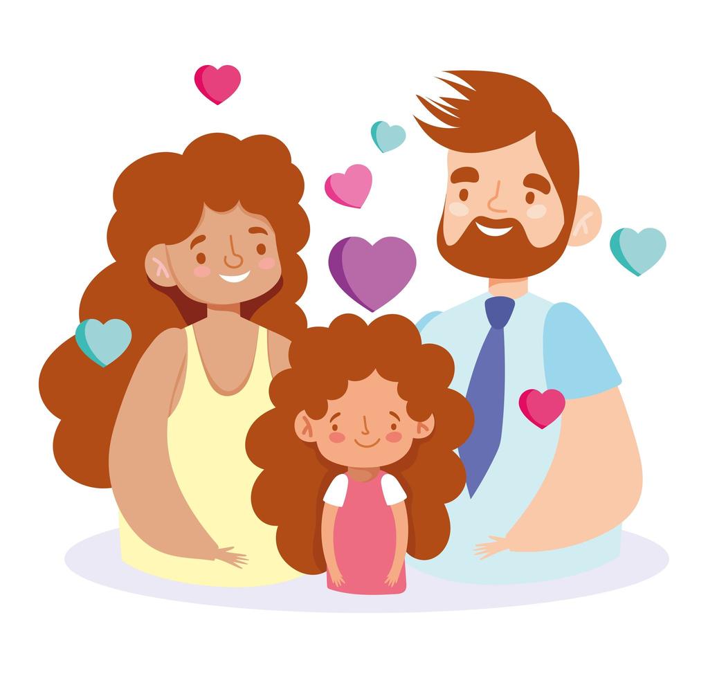 mãe, pai e filha com desenho vetorial de corações vetor
