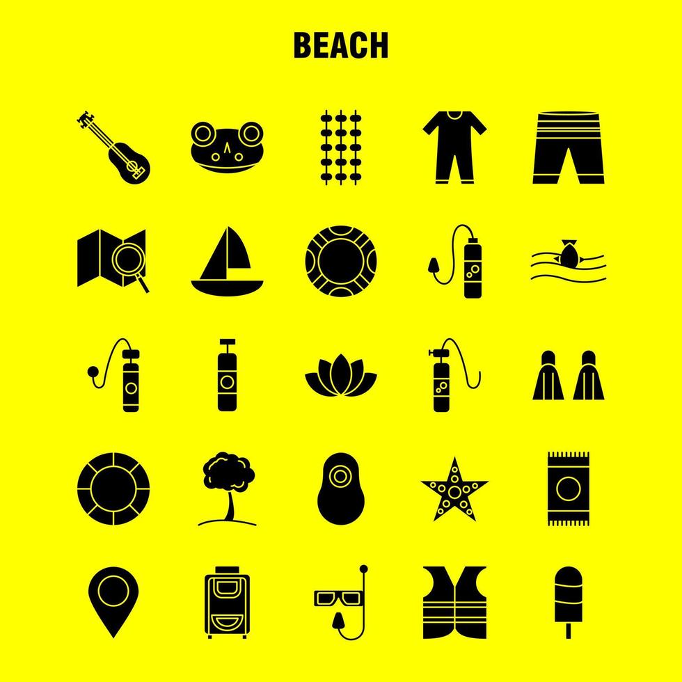 ícone de glifo sólido de praia para impressão na web e kit uxui móvel, como shorts, férias, desgaste, piscina, instrumento do mar, pacote de pictogramas vetor