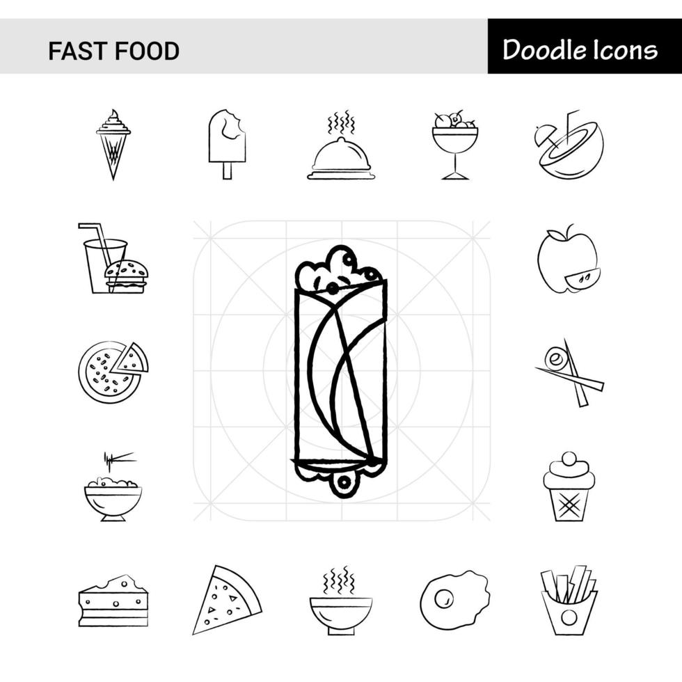 conjunto de 17 conjunto de ícones desenhados à mão de fast food vetor