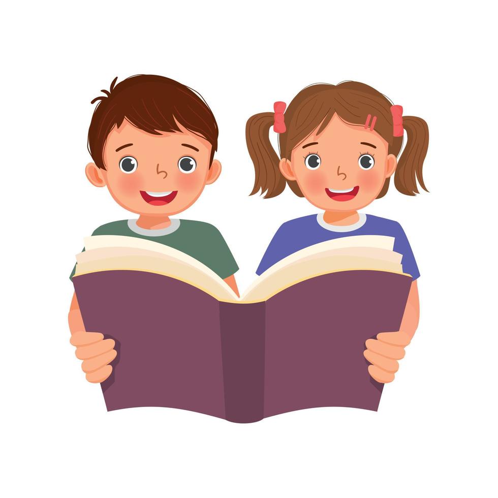 crianças bonitinhas menino e menina segurando um grande livro lendo juntos vetor