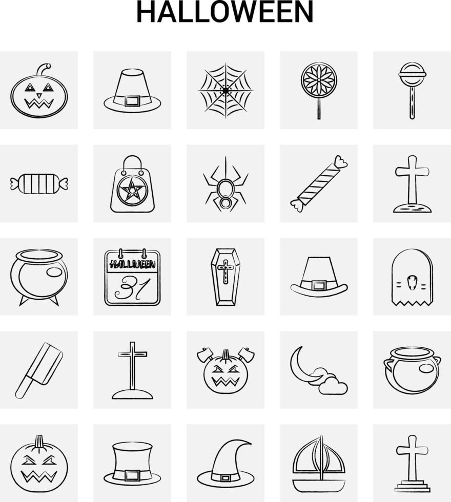 25 ícones de halloween desenhados à mão doodle de vetor de fundo cinza