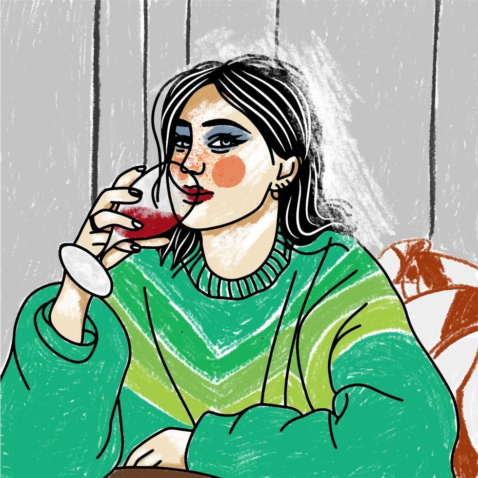uma garota em um suéter da moda bebe vinho tinto, cores brilhantes vetor