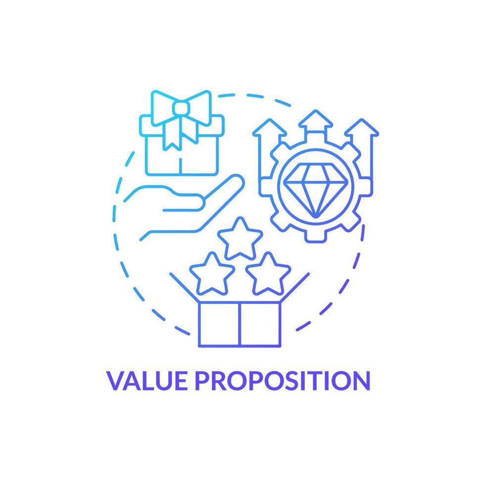 ícone de conceito gradiente azul proposta de valor. ferramenta de gerenciamento de produtos. modelo de negócios lona idéia abstrata ilustração de linha fina. desenho de contorno isolado. vetor