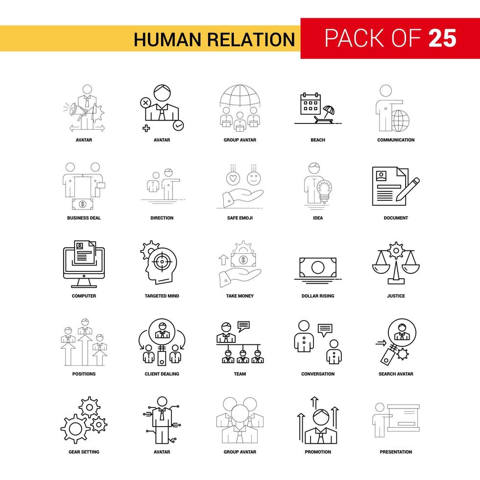 ícone de linha preta de relação humana 25 conjunto de ícones de contorno de negócios vetor