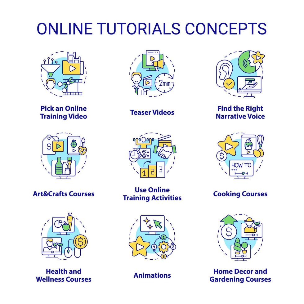 conjunto de ícones de conceito de tutoriais on-line. aprendizado distante. ilustrações de cores de linha fina de ideia de educação virtual. símbolos isolados. traço editável. vetor