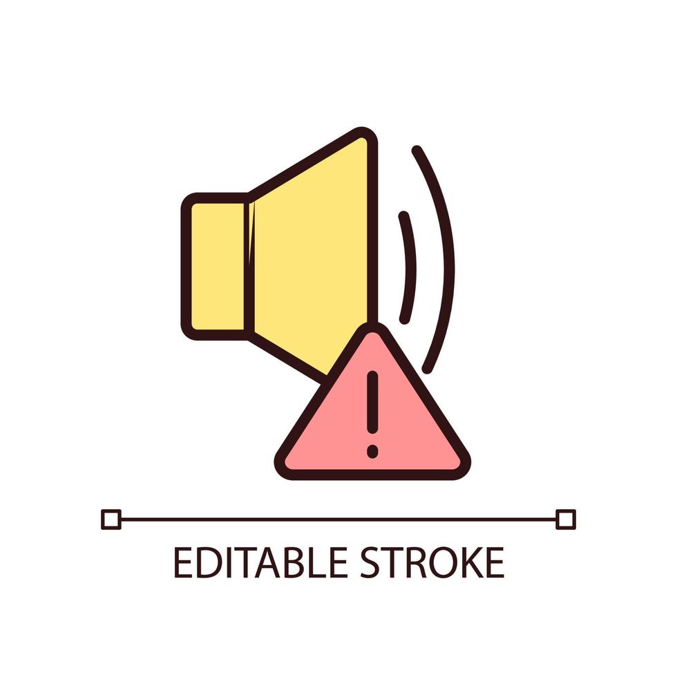 ícone de cor RGB perfeito de pixel de erro de som. quebra do dispositivo. falha do reprodutor de mídia. alto-falante está quebrado. ilustração vetorial isolado. desenho de linha preenchido simples. traço editável. vetor