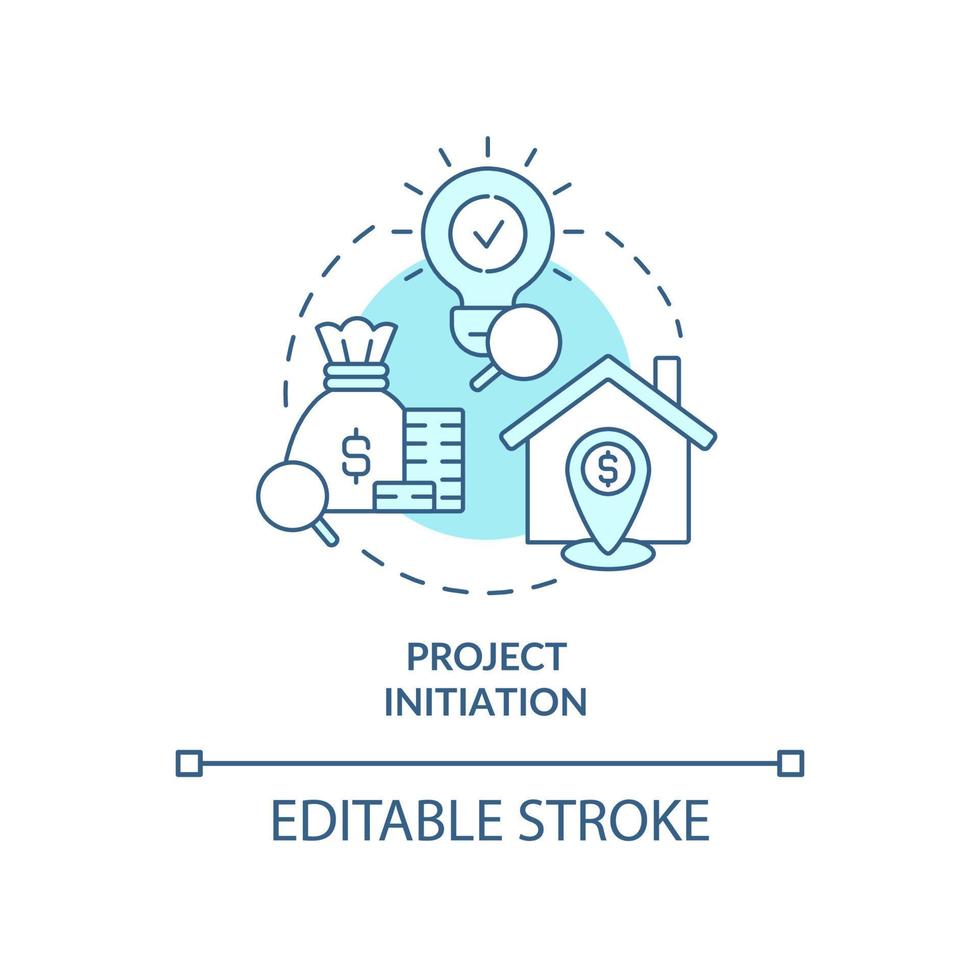 ícone do conceito turquesa de iniciação do projeto. construção. ilustração de linha fina de idéia abstrata de desenvolvimento imobiliário. desenho de contorno isolado. traço editável. vetor
